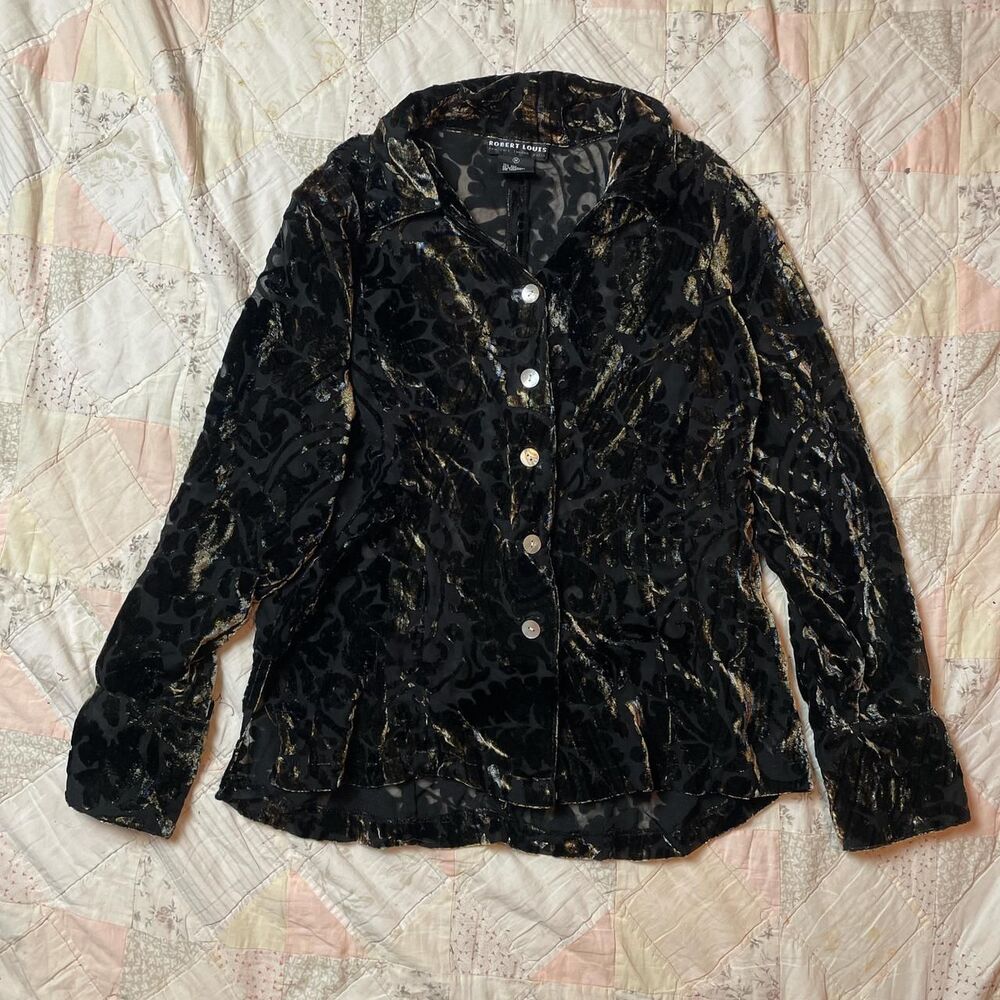 robert louis 90s black blue and tan silk and velvet colorshift button up medium